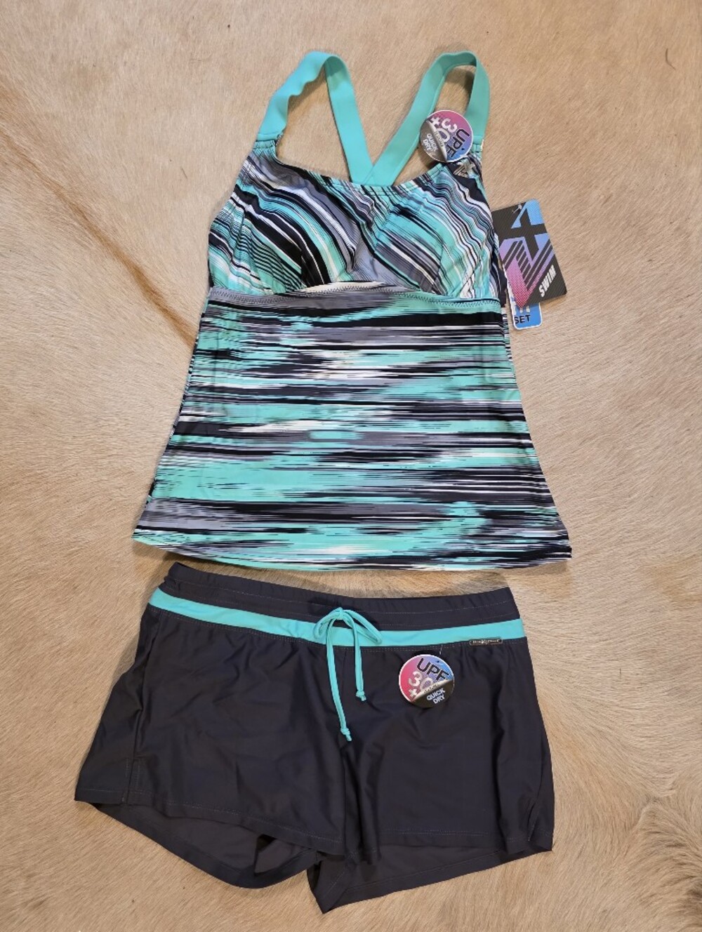 NWT ZeroXposur Turquoise & Black Striped Tankini with Black Swim Shorts